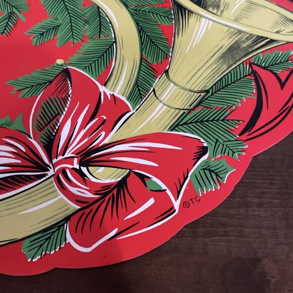 Vintage Town & Country Vinyl Christmas Placemats Red French Horn Bow Set Of 5 - Picture 3 of 8